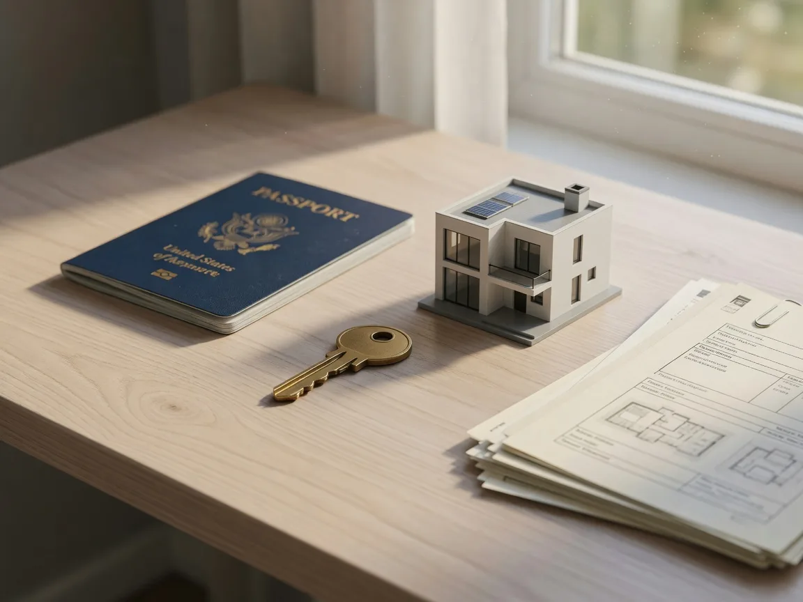 A navy-blue passport, a brass house key, a miniature home model, and stacked property papers on a desk