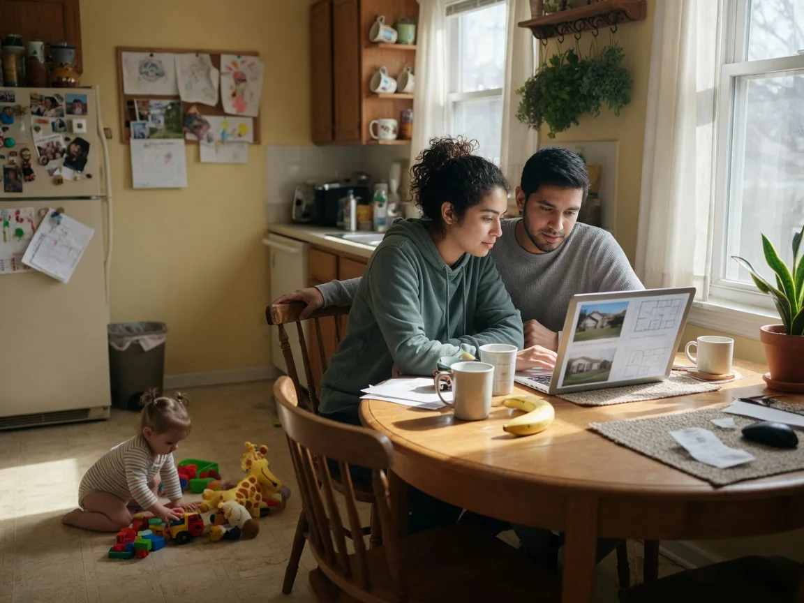 Young California family researching housing options at home