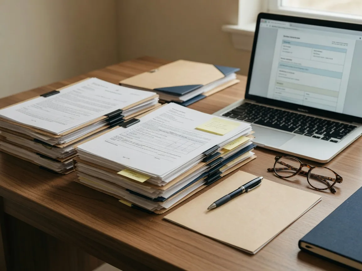Wooden desk with VA loan paperwork and reading glasses during a compromise-sale review.