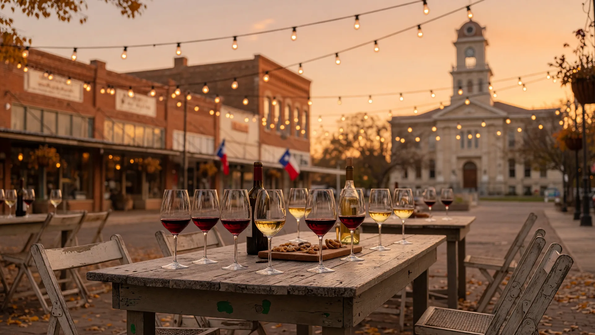 Wine tasting table with glasses of red and white wine on a rustic wooden table under warm strings of lights on a small-town square