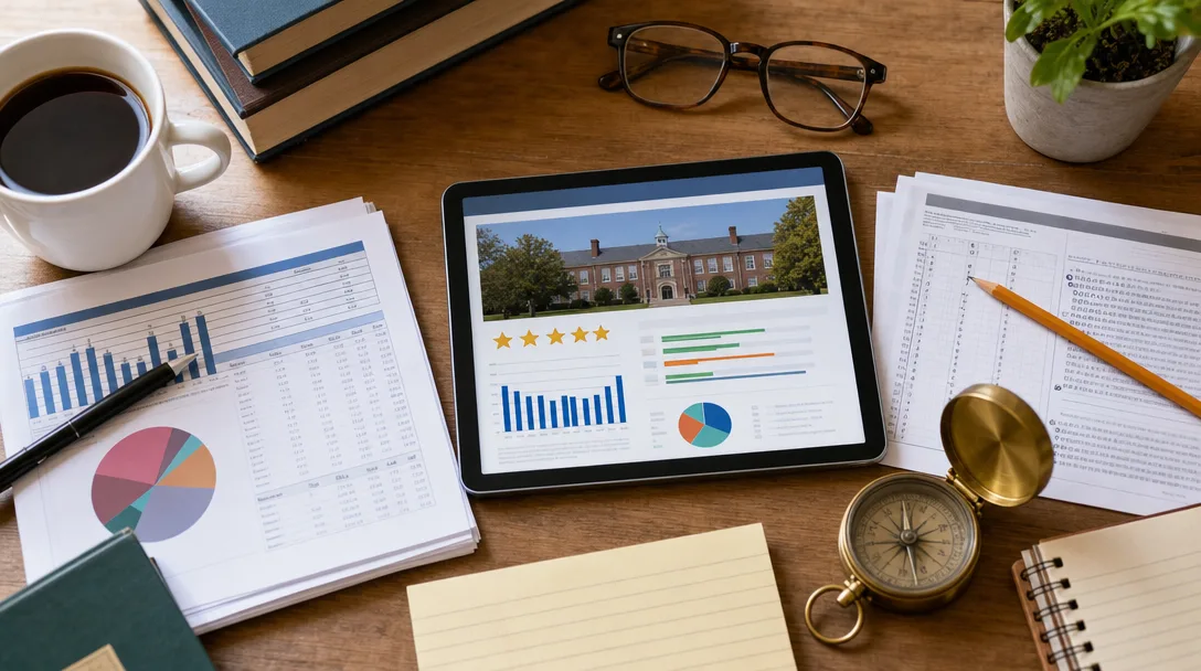 Overhead flat-lay of educational documents, test score reports, a tablet showing school ratings, eyeglasses, coffee, and a compass on a wooden desk