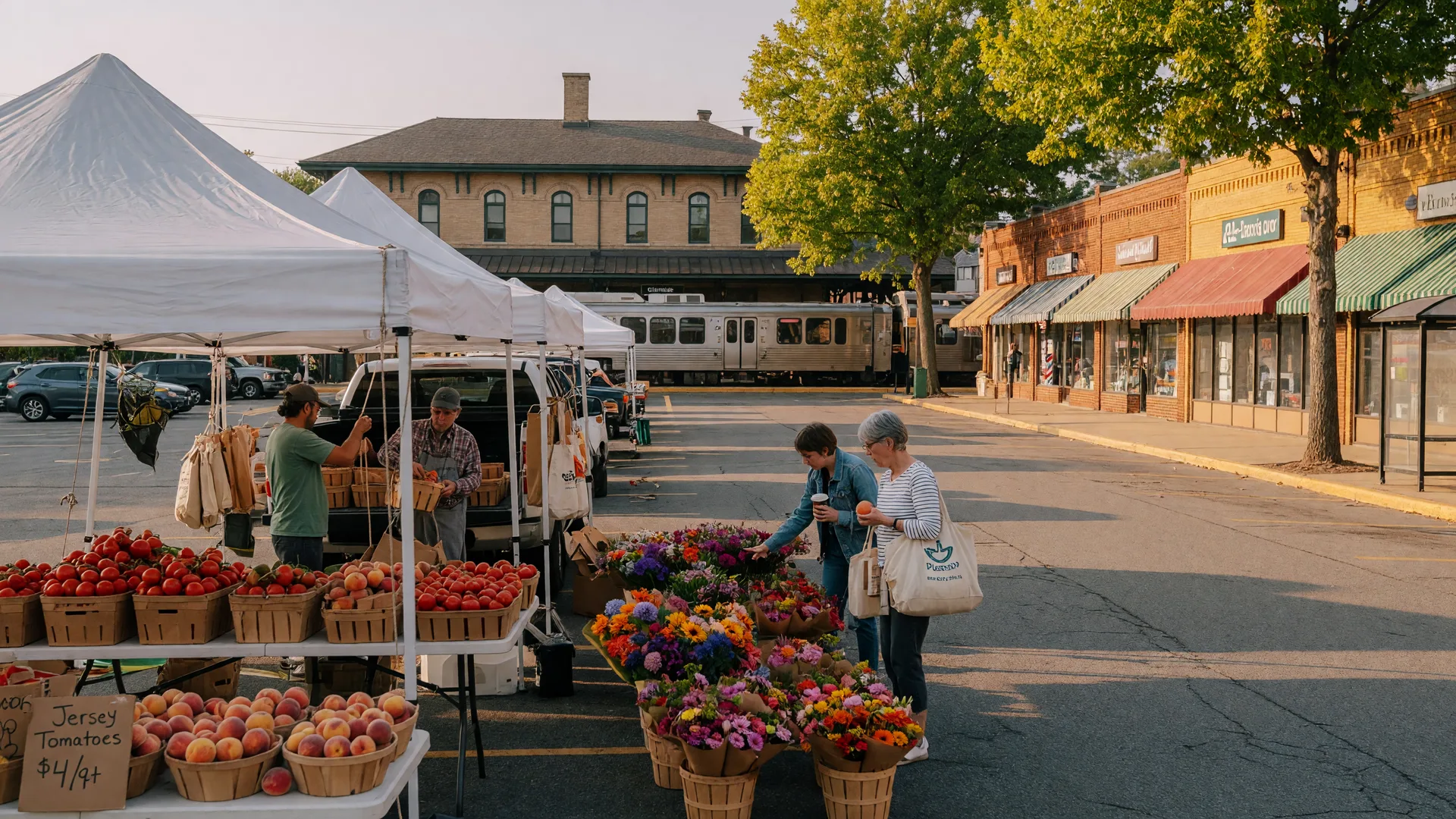 Glenside Farmers Market on a bright Saturday morning with white vendor canopies, crates of tomatoes and cut flowers in the train station parking lot, and the historic station in the background