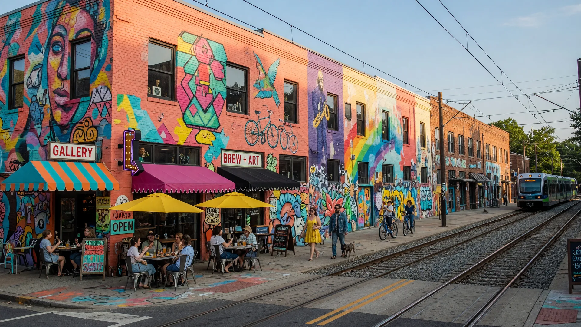 NoDa, Charlotte's arts district, with a mural-covered brick warehouse, brewery patio and the LYNX light rail in warm sunlight