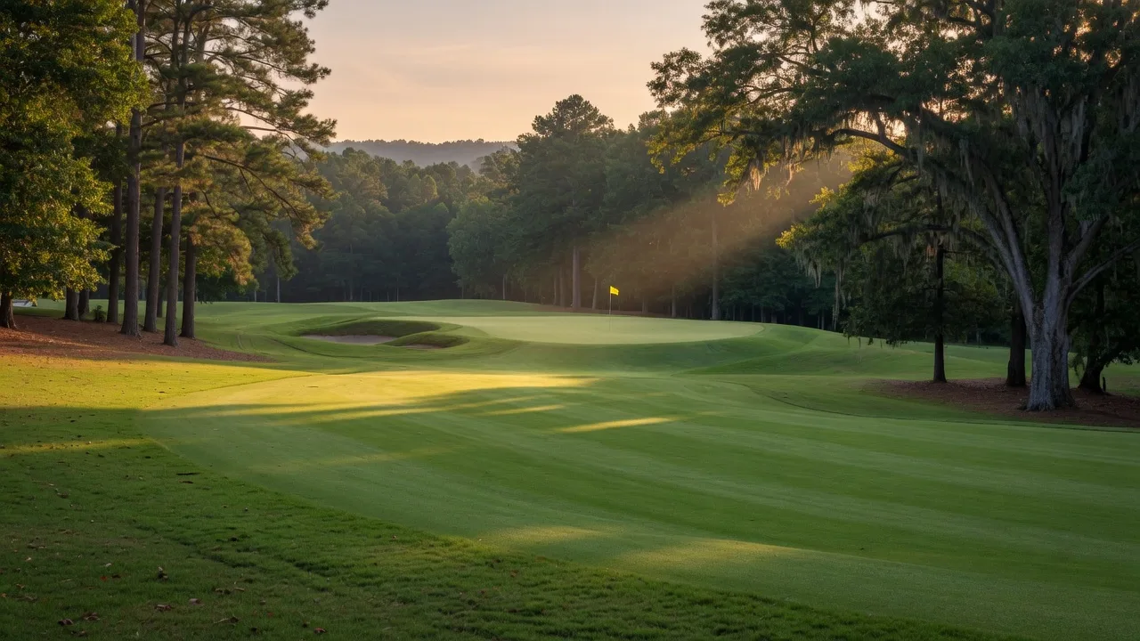 Championship golf course in Georgia with manicured fairways and mature trees under warm golden sunlight