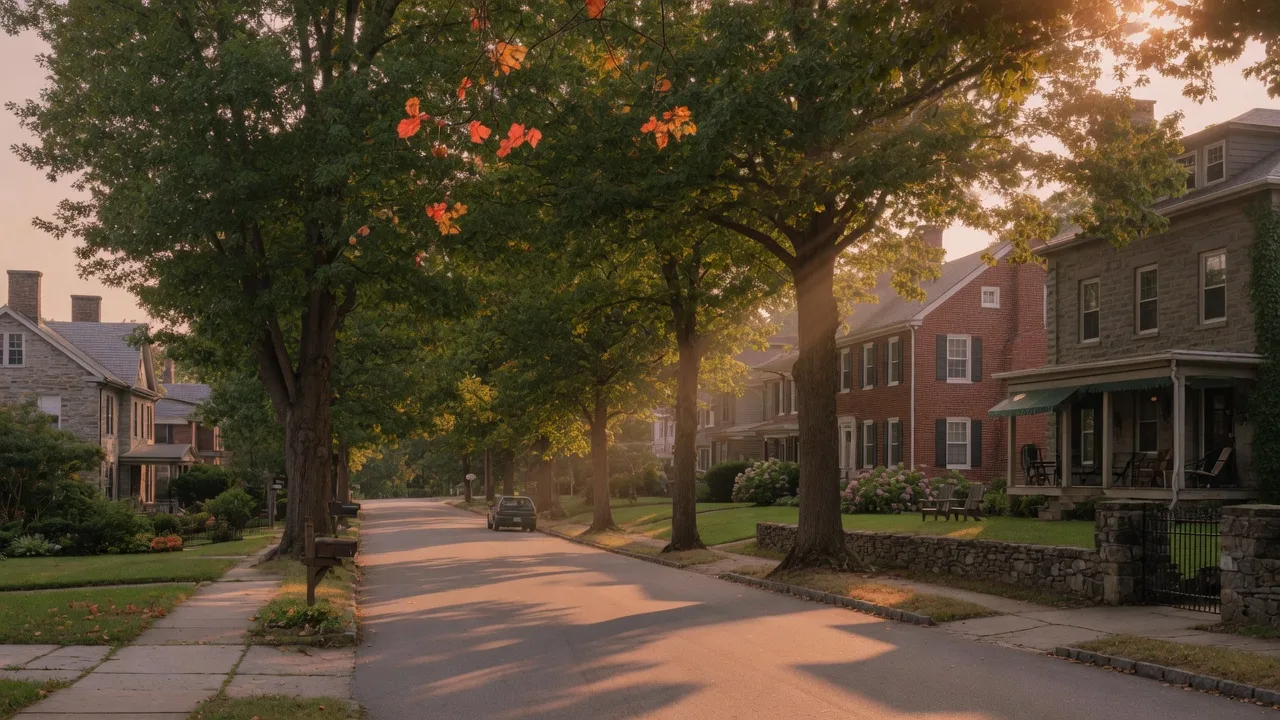 A warm golden-hour editorial photograph of a quiet tree-lined street in Rydal PA with historic stone and brick homes under mature oaks with early autumn foliage