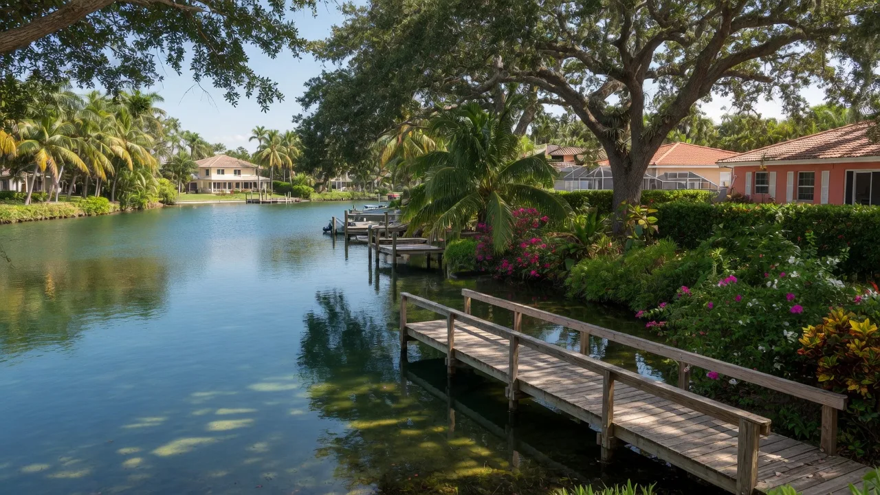 Lake Ida in Delray Beach, Florida on a bright summer morning with wooden dock, mature oak trees, and reflections on the water