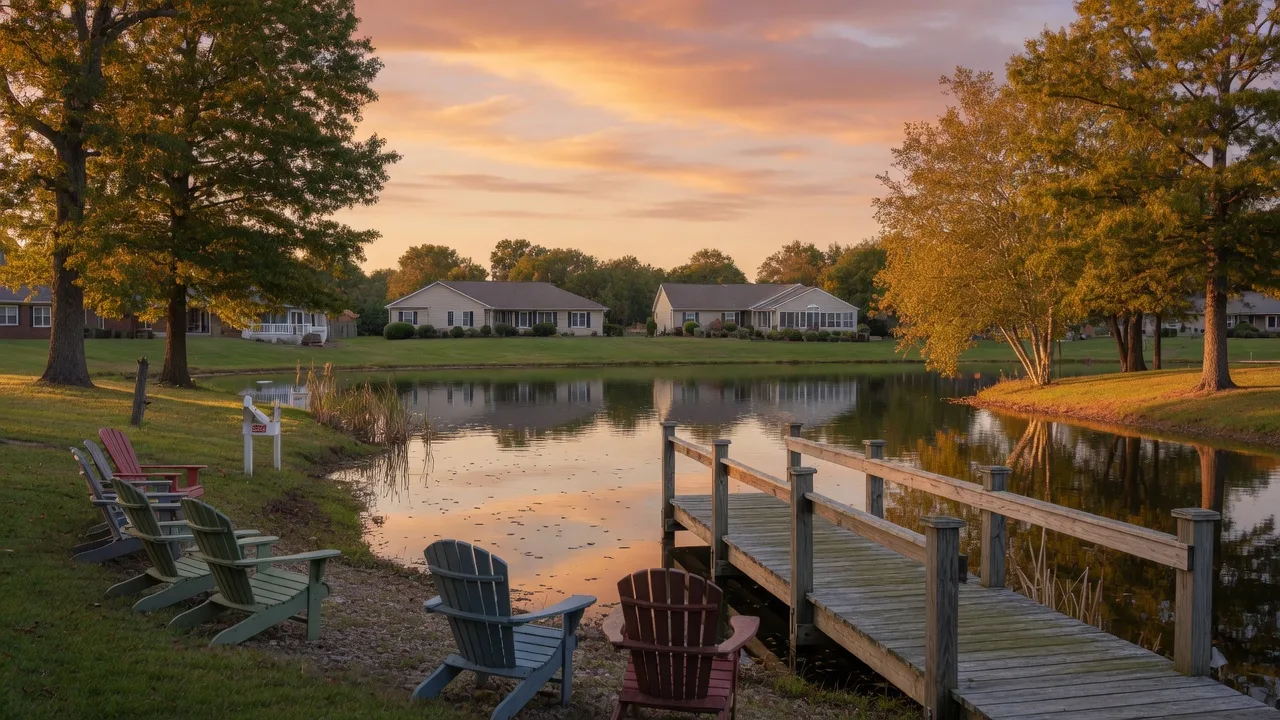 Peaceful lake at a South Jersey 55+ community at golden hour with a wooden dock and Adirondack chairs on the shore