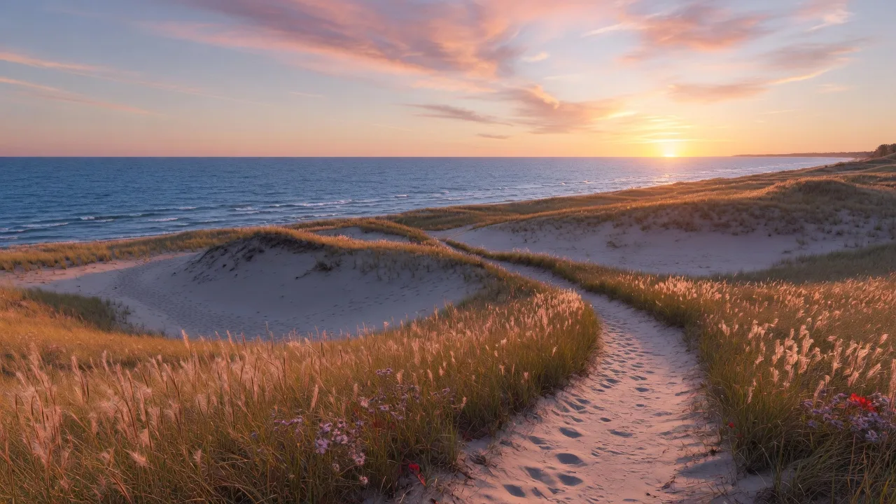 Sand dunes and golden grasses along the Lake Michigan shore at Indiana Dunes
