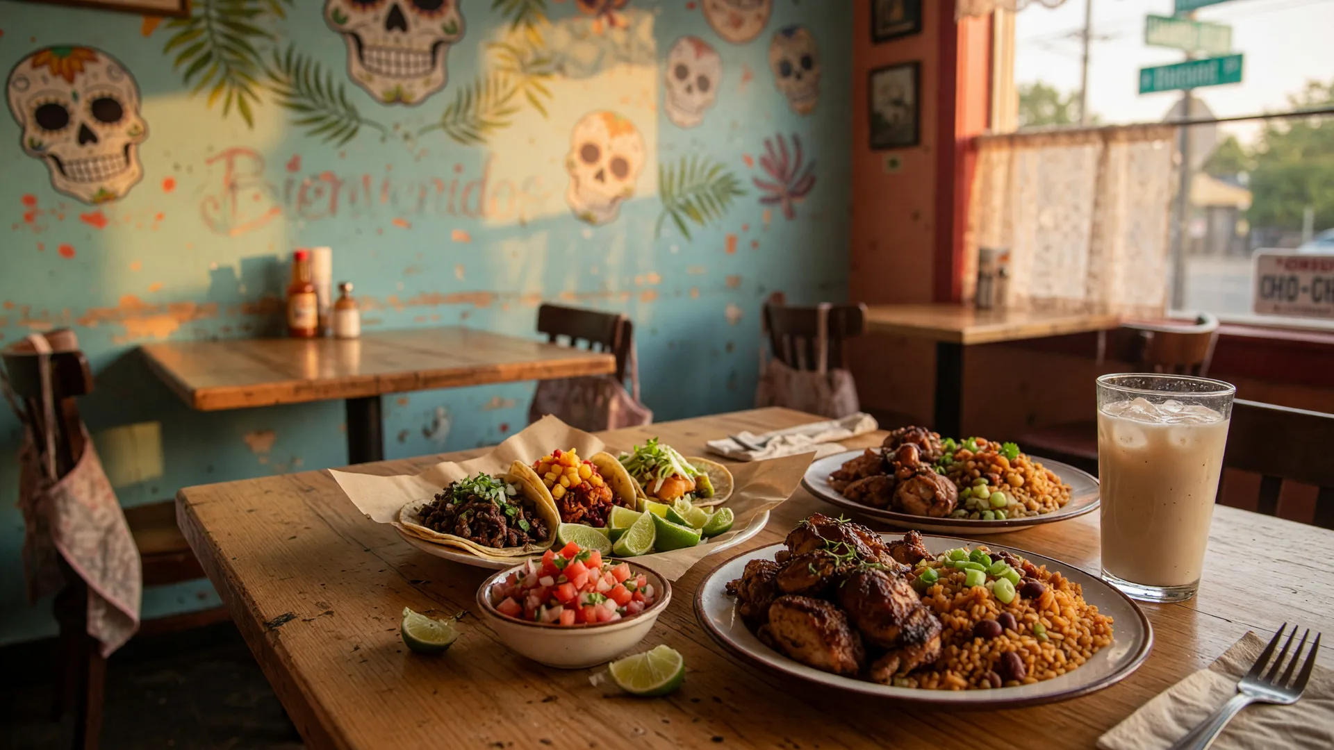 A Mexican and Caribbean restaurant spread with street tacos, jerk chicken, rice and peas, pico de gallo, and lime wedges on a rustic wood table