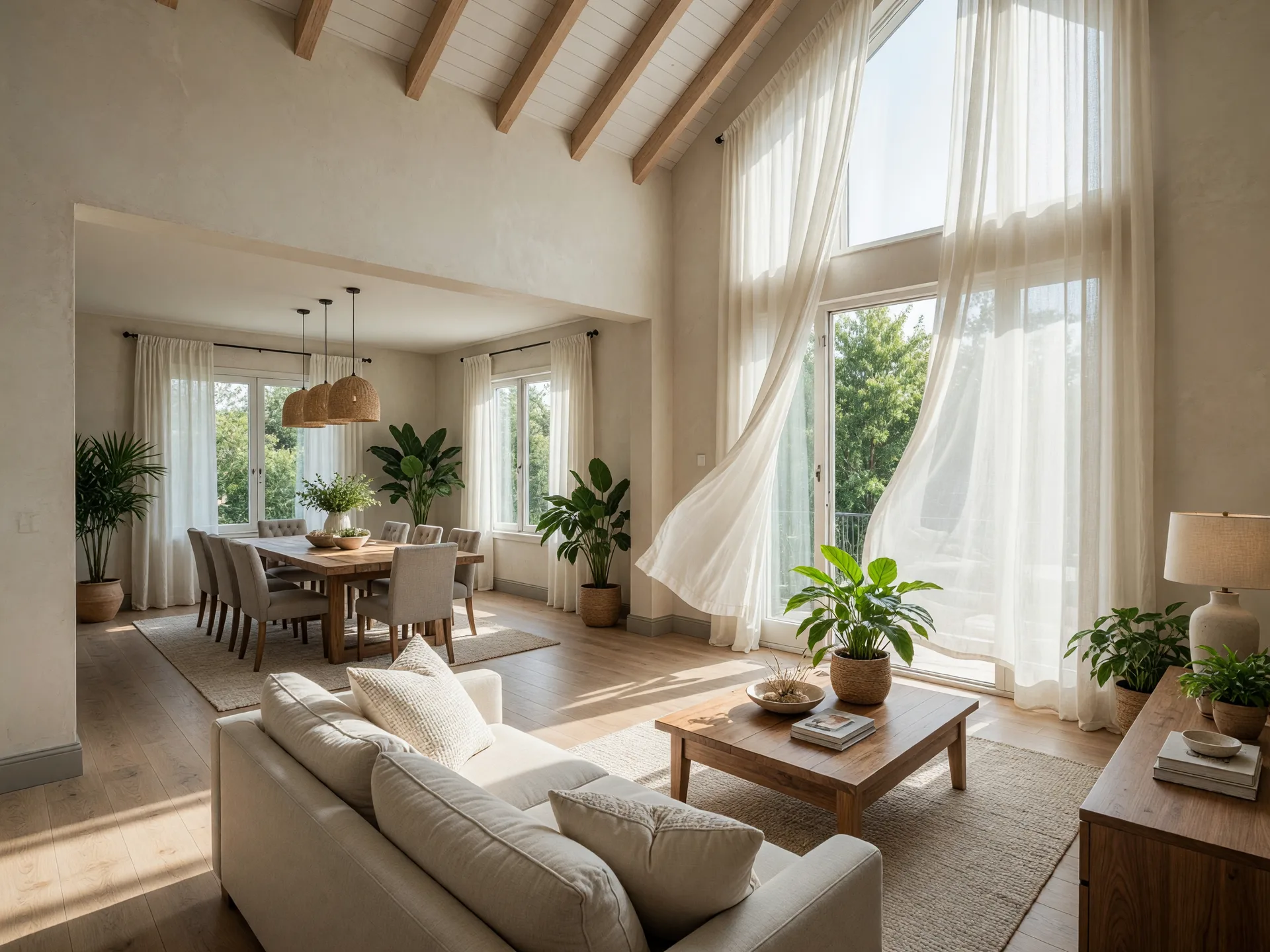 Bright and airy villa interior with vaulted ceiling and open floor plan