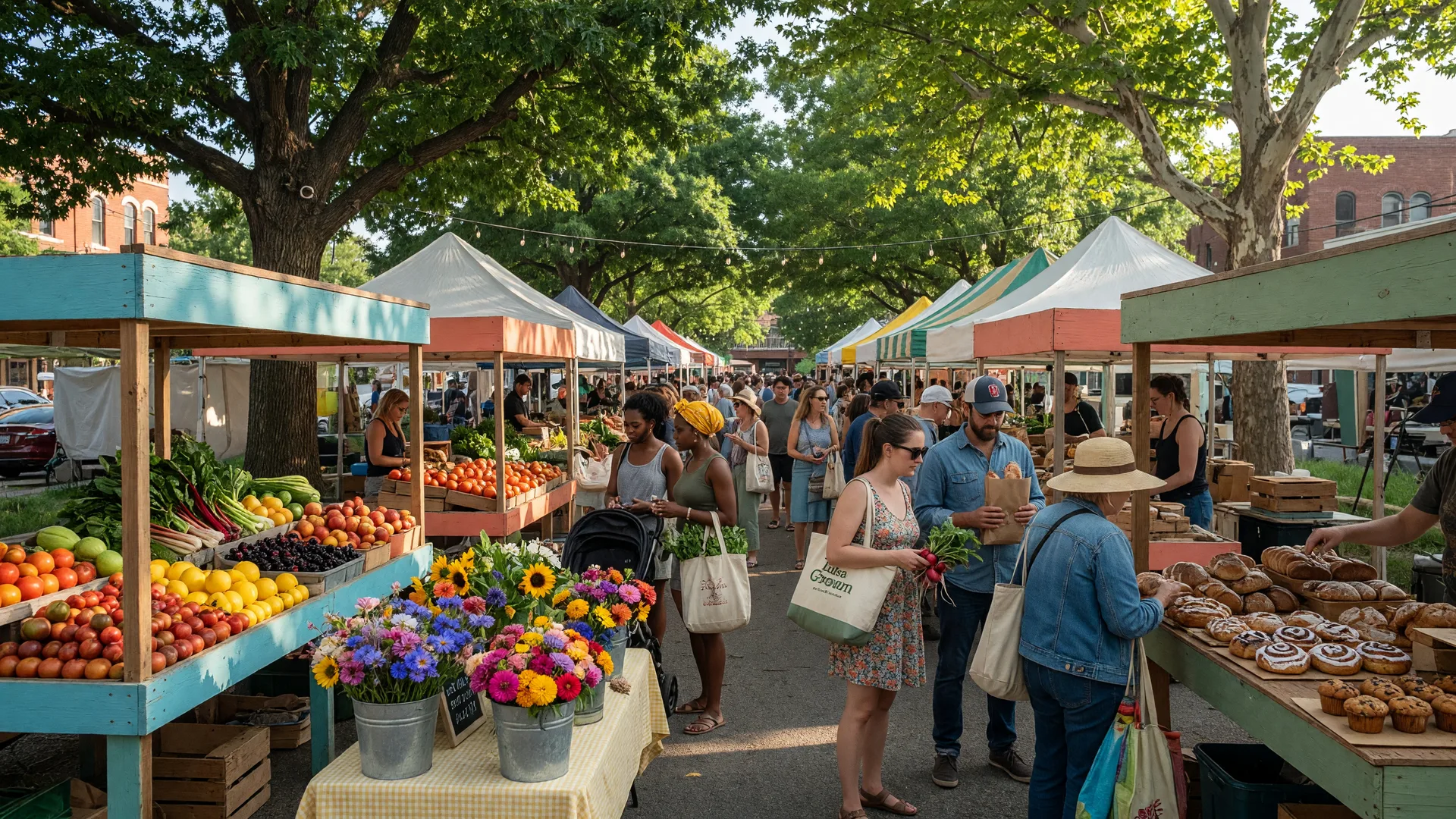 Tulsa Farmers' Market at Kendall Whittier Square with fresh produce, flowers, and baked goods on a sunny summer morning