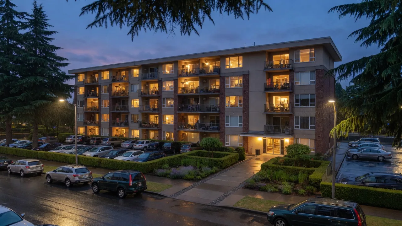 Mid-rise condominium building in the Pacific Northwest at dusk with warm lights glowing from balconies