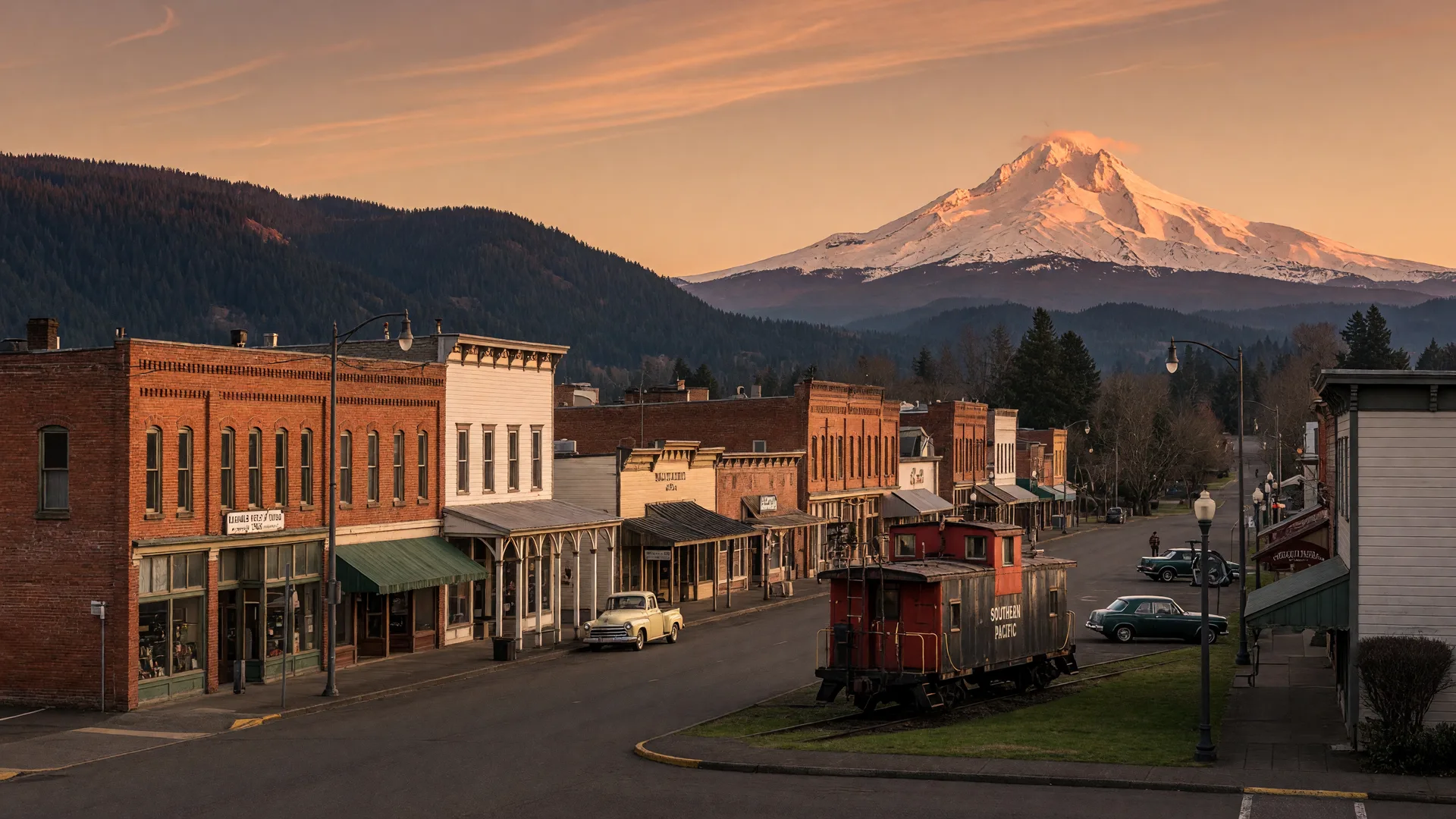 Historic downtown Troutdale along the Columbia River Highway at golden hour with Mount Hood on the horizon