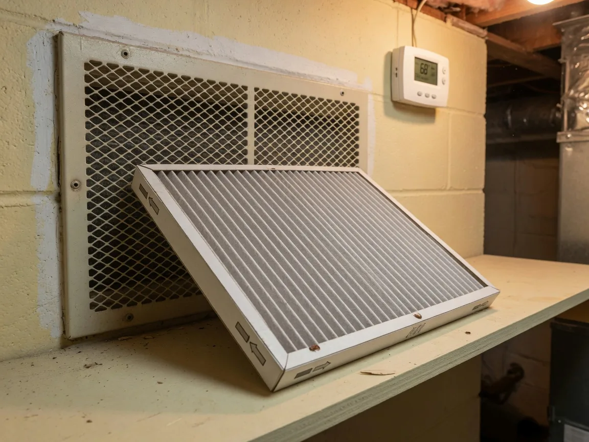 Clean pleated HVAC air filter resting on a basement utility shelf next to a furnace return vent with a digital thermostat on the wall above
