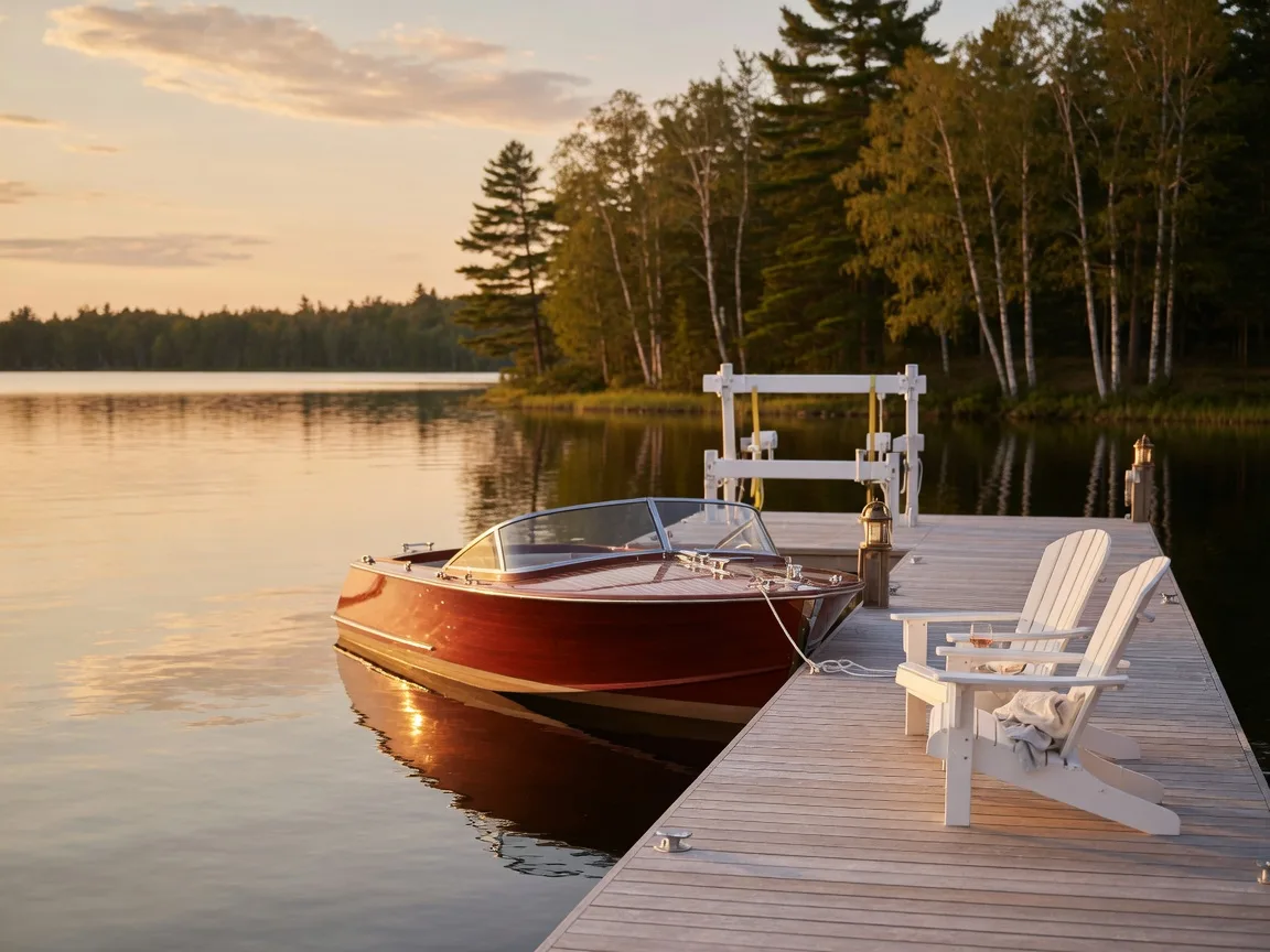 Classic wooden runabout boat moored at a cedar dock on a Minnesota lake at golden hour