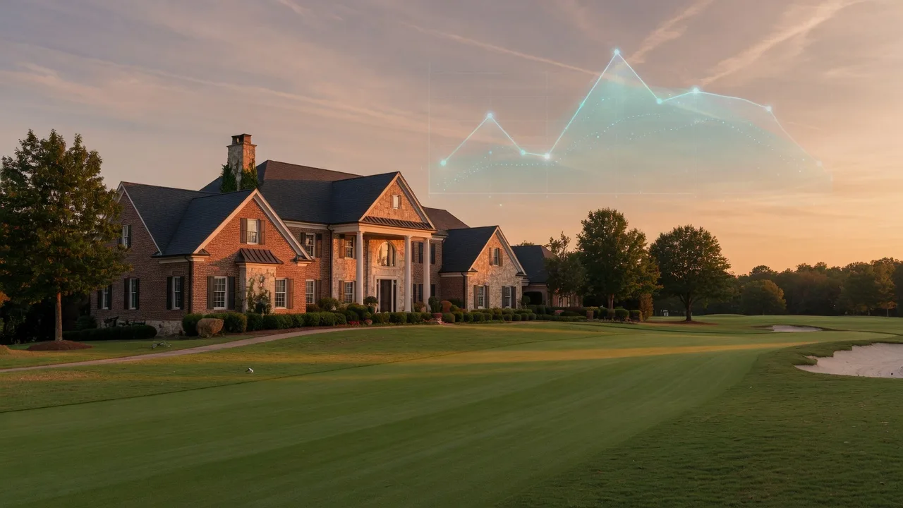 Elegant brick and stone Georgia luxury home on a golf course fairway at golden hour with a subtle mortgage rate chart overlaid in the sky, representing rates crossing 7% in October 2026