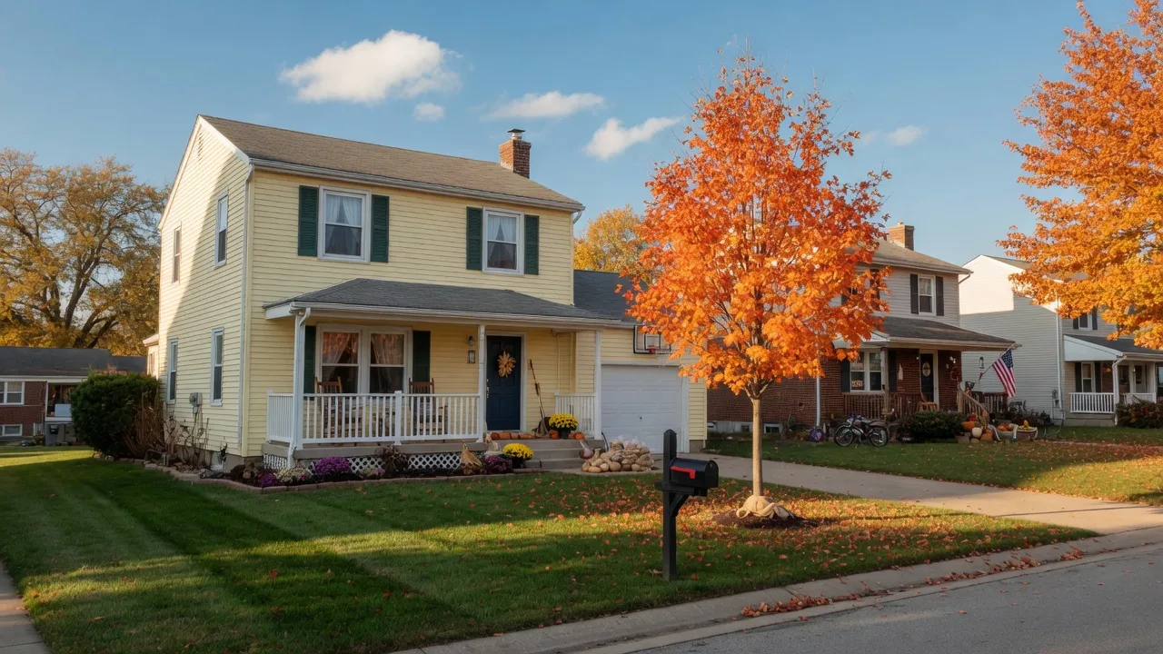 Welcoming suburban home with a front porch on a bright autumn afternoon