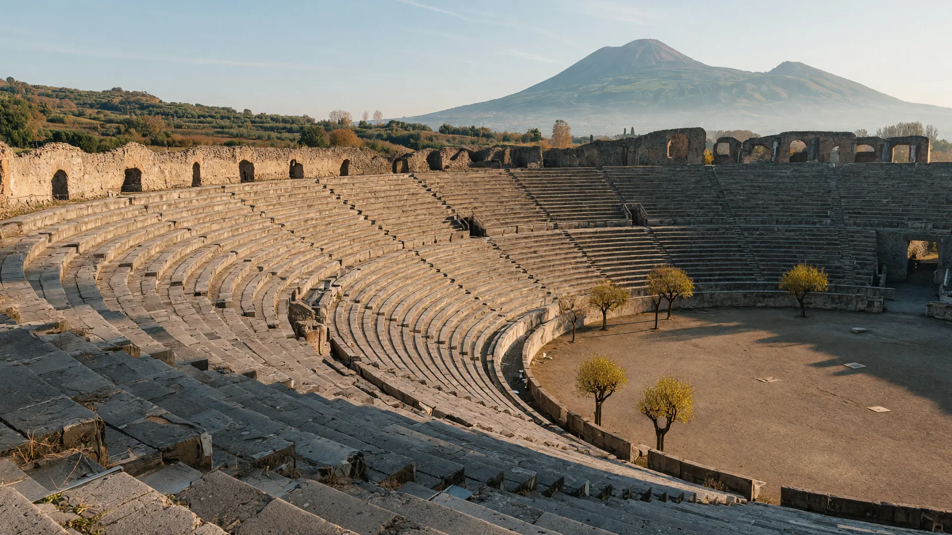 El antiguo Anfiteatro de Pompeya con el Vesubio al fondo