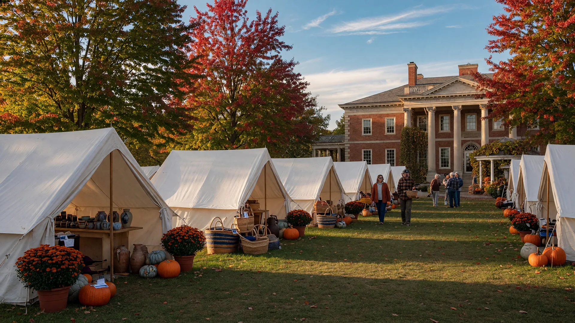 A juried craft fair with white vendor tents on the autumn lawn of a historic Akron manor estate, trees turning gold and crimson