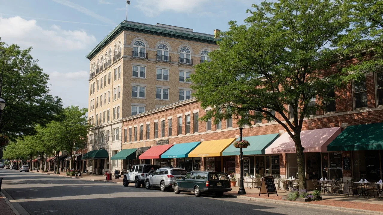 Downtown Summit NJ streetscape with brick storefronts and a tree-lined main street in late morning light