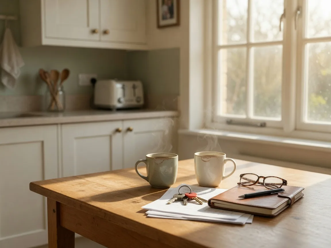 A bright family kitchen with coffee, a notebook, and house keys on the table, ready for a calm planning conversation