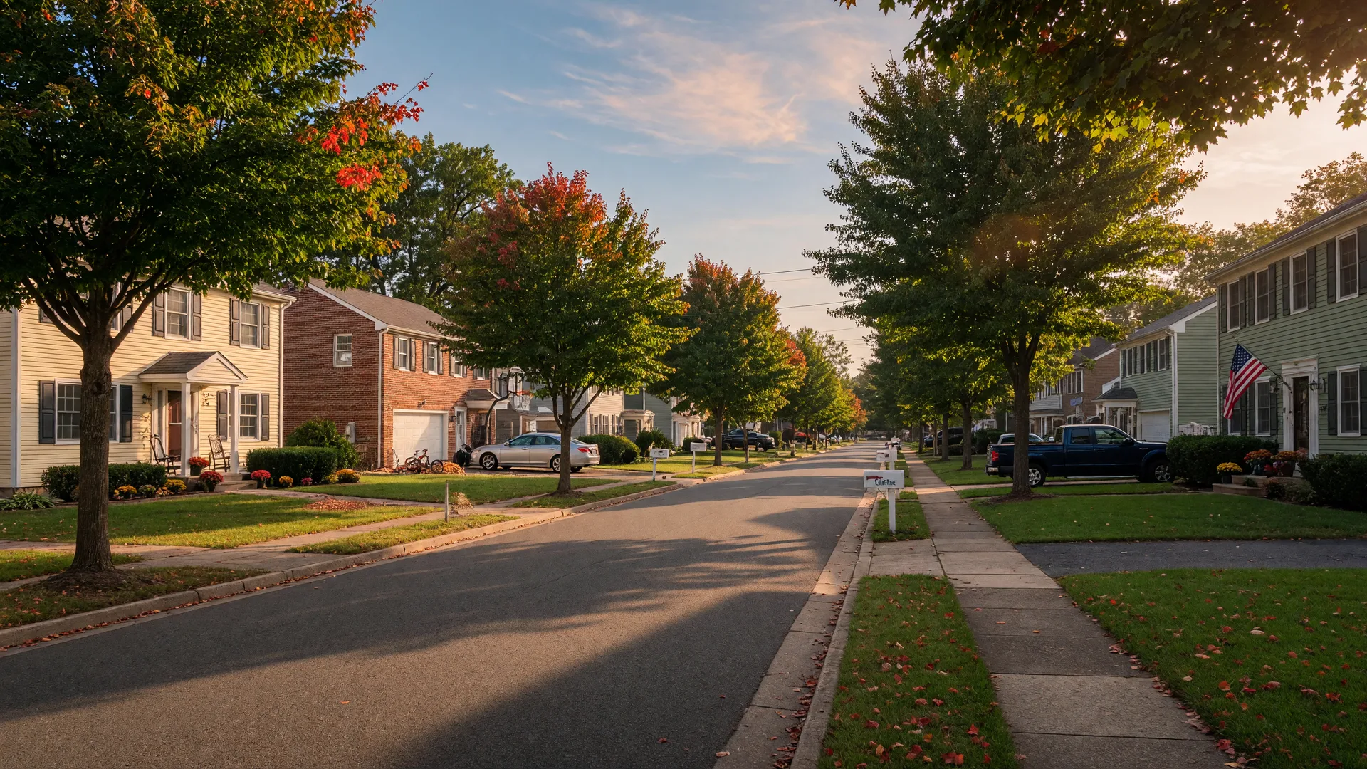 A tree-lined suburban street in Burlington County at the start of fall, with the first hints of amber and red color in the leaves
