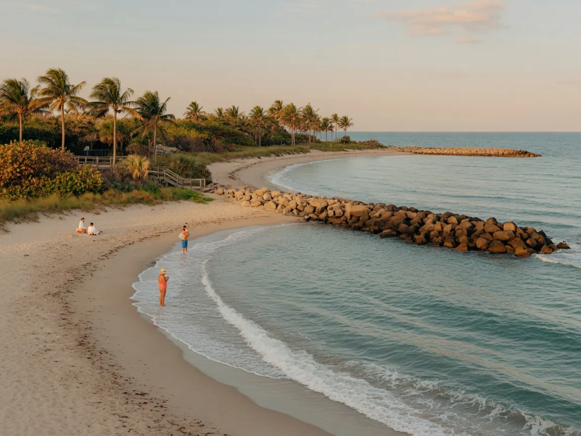 Boynton Beach ocean inlet and sandy beach shoreline with Atlantic Ocean and coastal vegetation