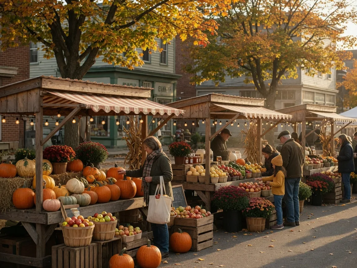 An autumn farmers market with wooden stalls of pumpkins, apples, and mums under string lights