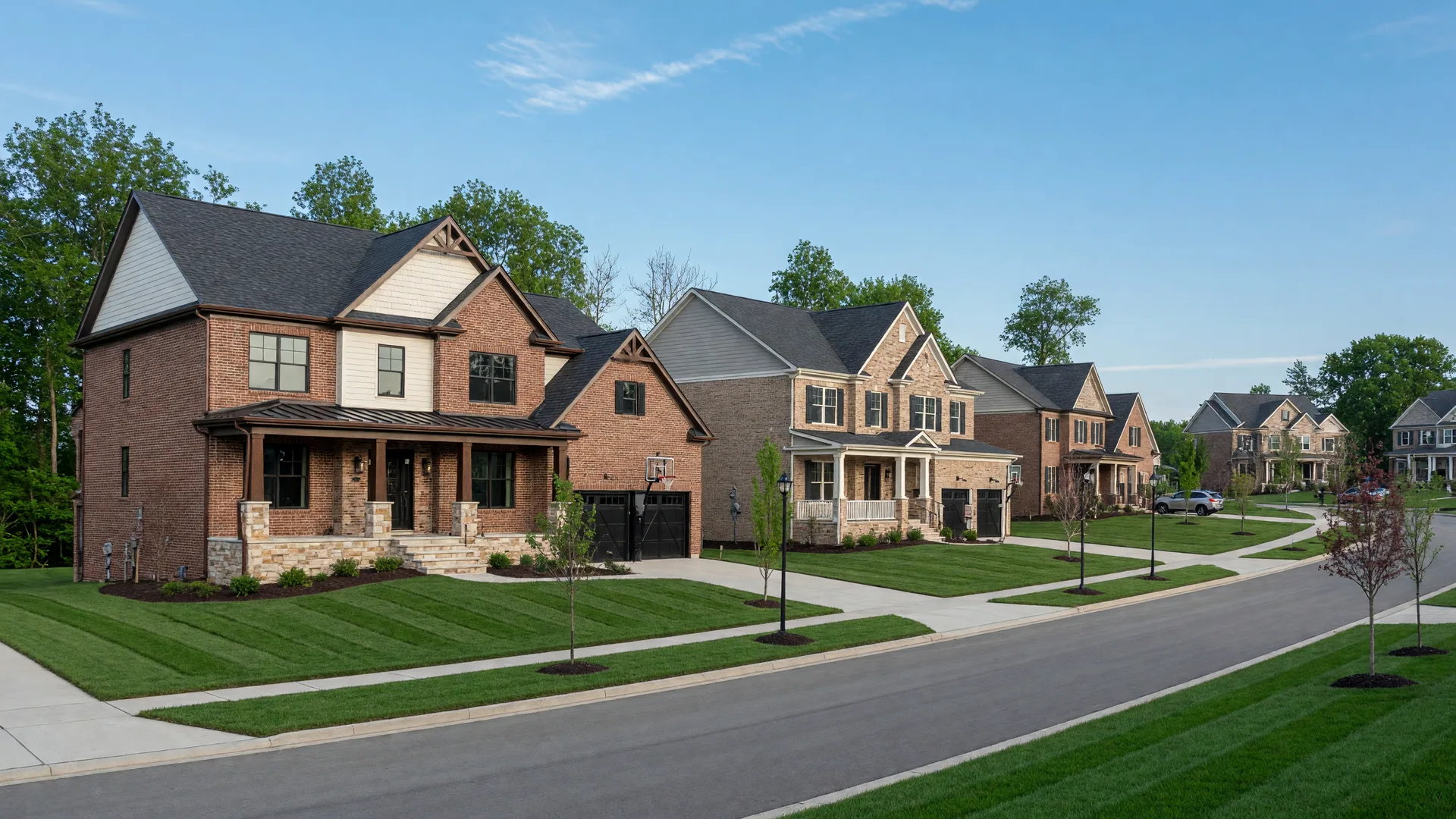 Luxury new construction traditional and transitional homes in New Albany Ohio with manicured landscapes