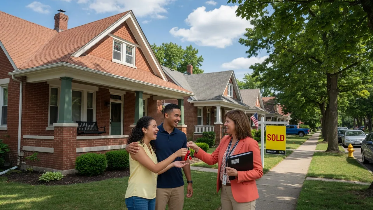 A young couple receiving house keys from a real estate agent in front of a brick bungalow in a Dayton Ohio neighborhood