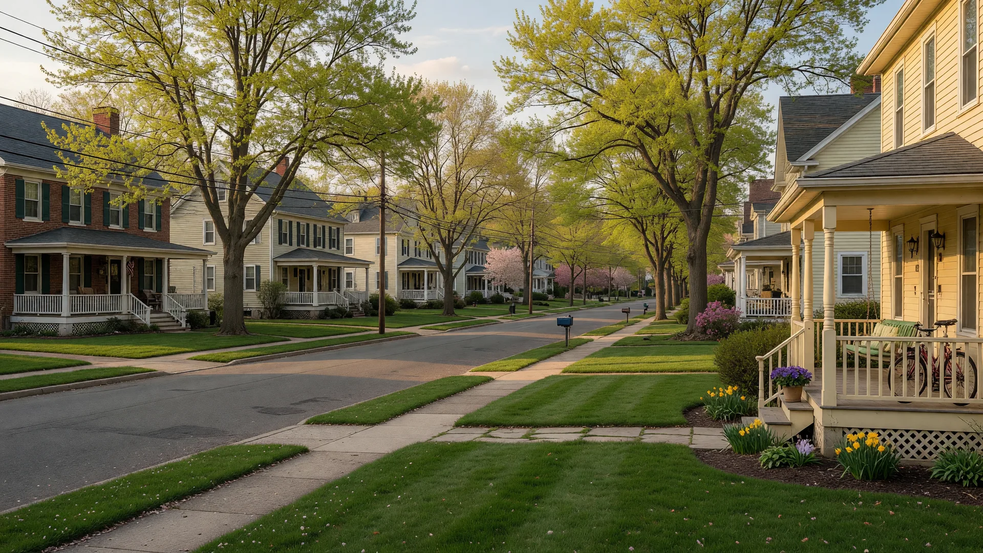 Peaceful suburban New Jersey street on a spring afternoon with classic homes and front porches