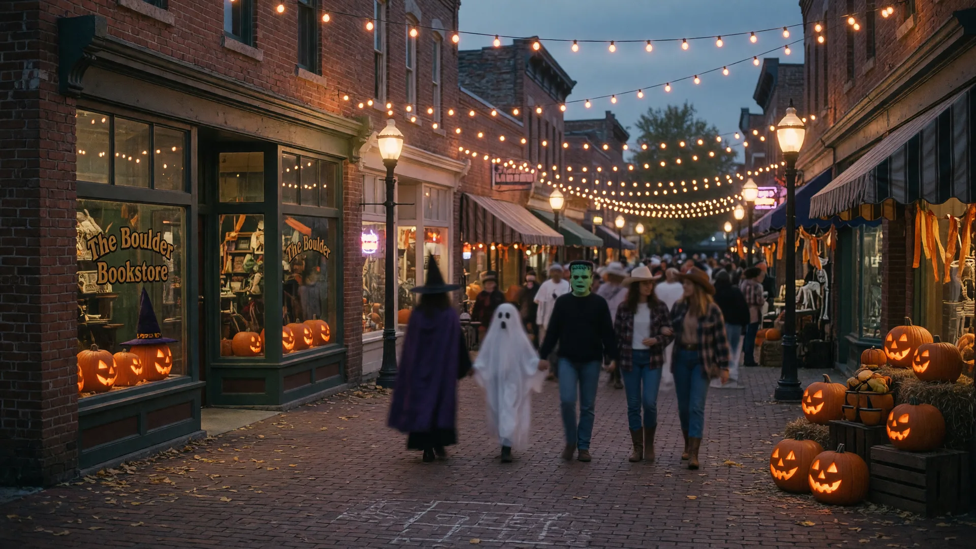 Boulder's Pearl Street pedestrian mall on an October 31st evening, glowing jack-o'-lanterns and string lights above a brick street with distant costumed revelers