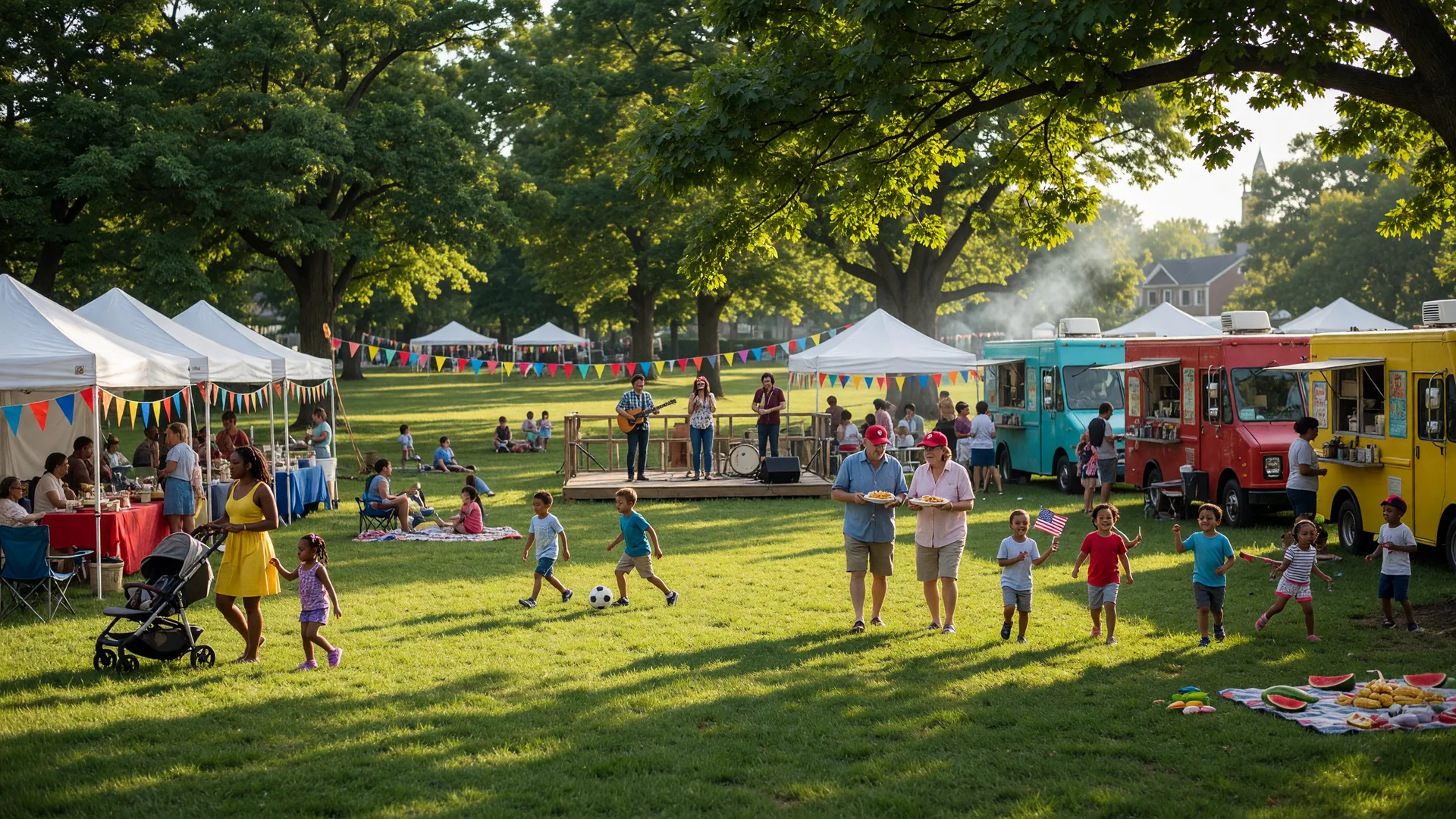 A community festival on a bright autumn afternoon with white vendor tents, food trucks, families strolling, and a live music stage under mature shade trees with warm golden-hour light