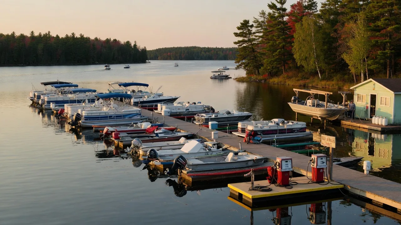 Pontoon boats and runabouts moored at a marina on a Minnesota lake chain