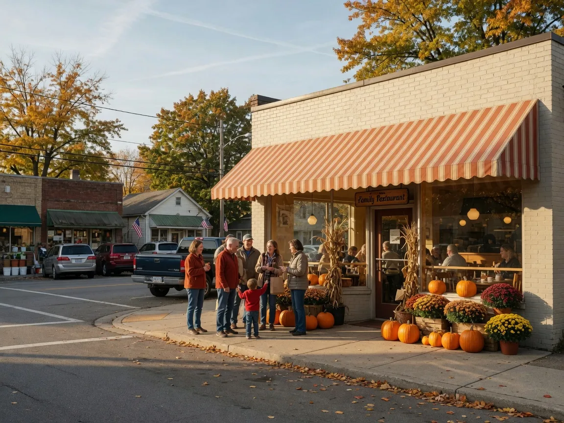 A newly opened family restaurant on a leafy Ohio main street with a striped awning, warm interior light, pumpkins and fall mums by the entrance, and happy patrons outside in late-afternoon autumn light