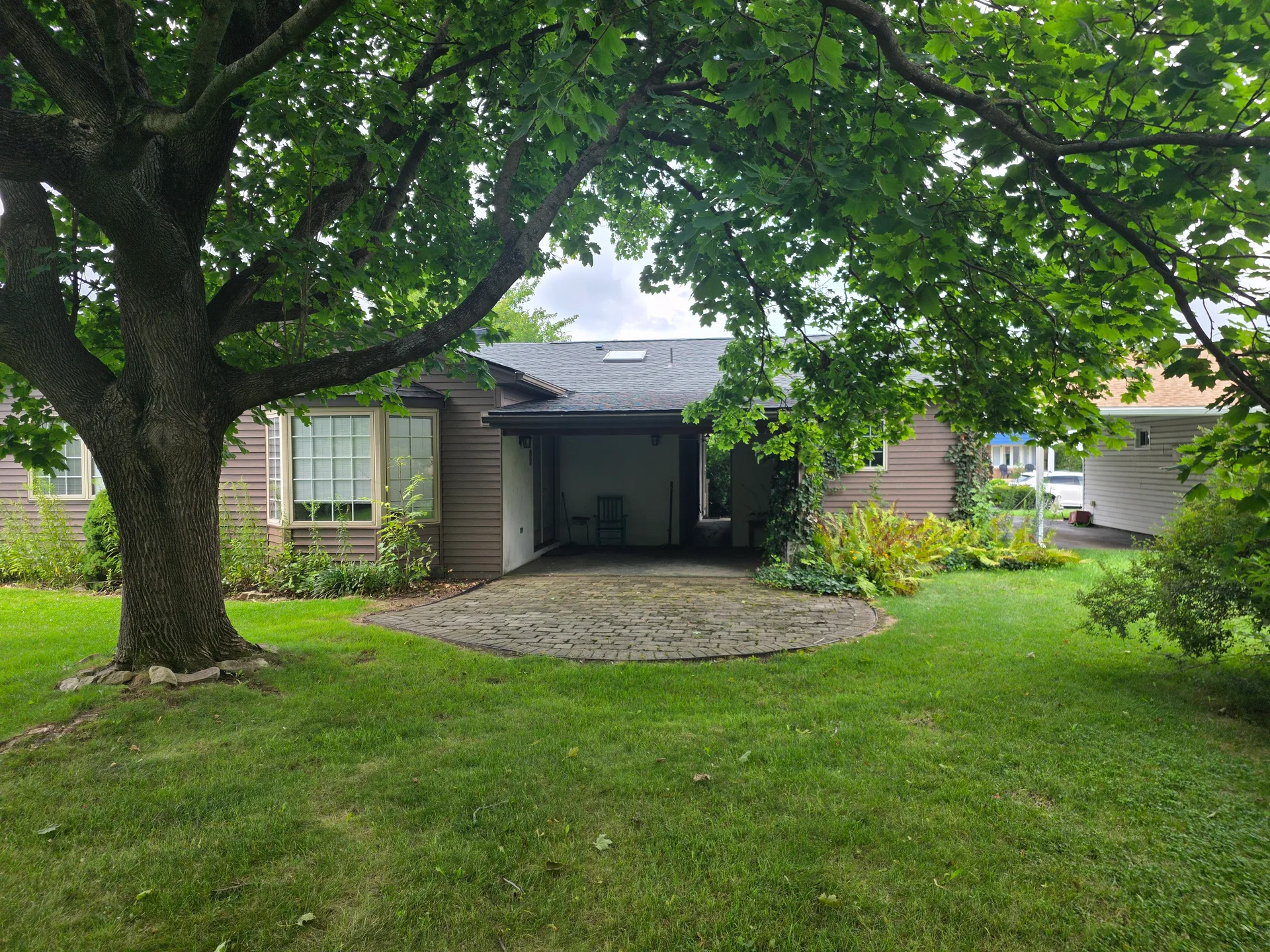 Backyard patio view with mature trees and well-maintained lawn