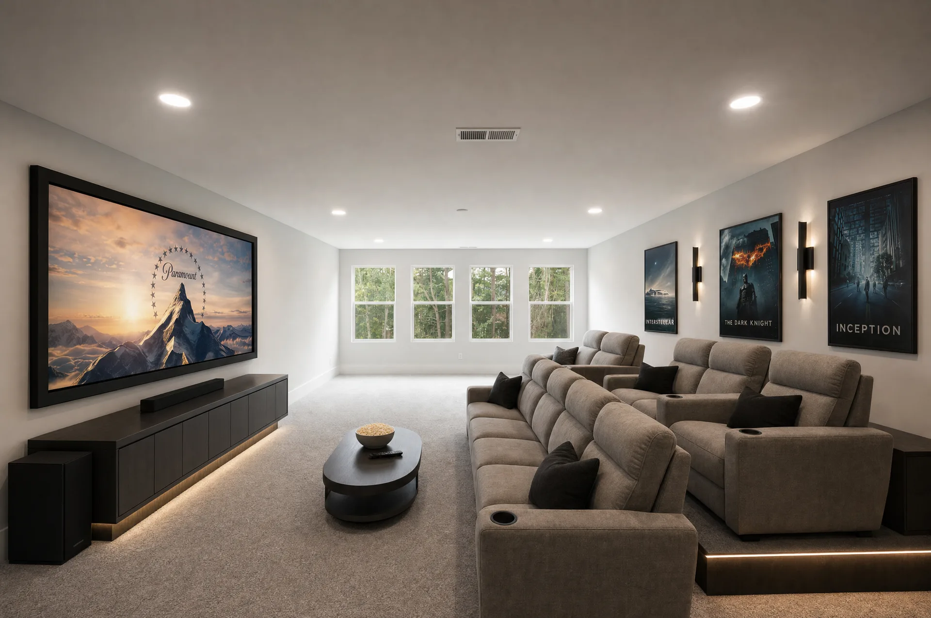 Upstairs bonus room set up as a media room with theater seating