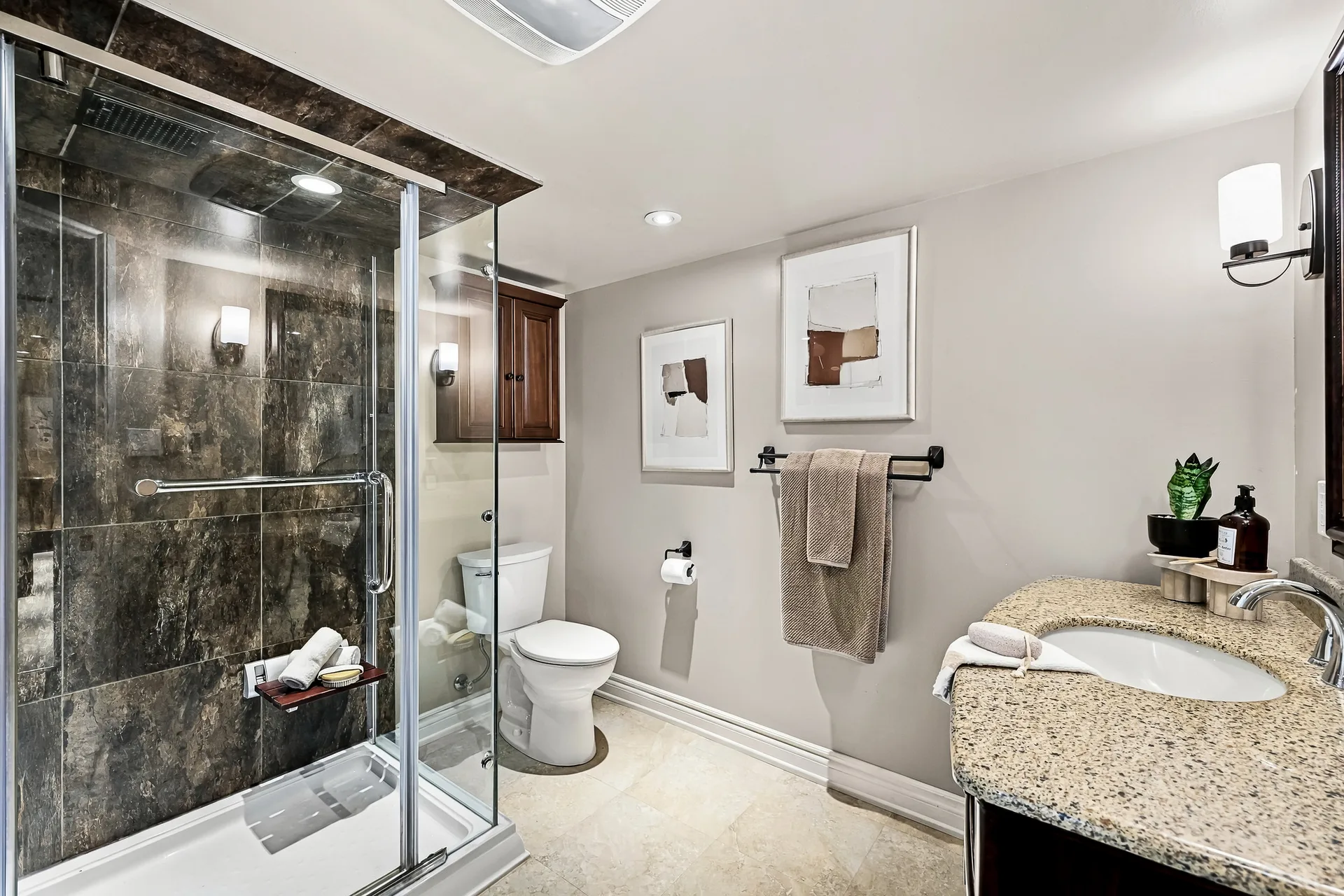 Glass-enclosed shower with dark stone-look tile