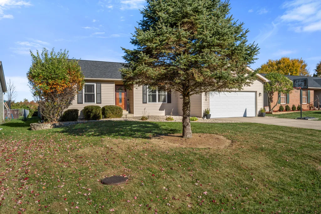 Single-story ranch exterior with a large evergreen in the front yard