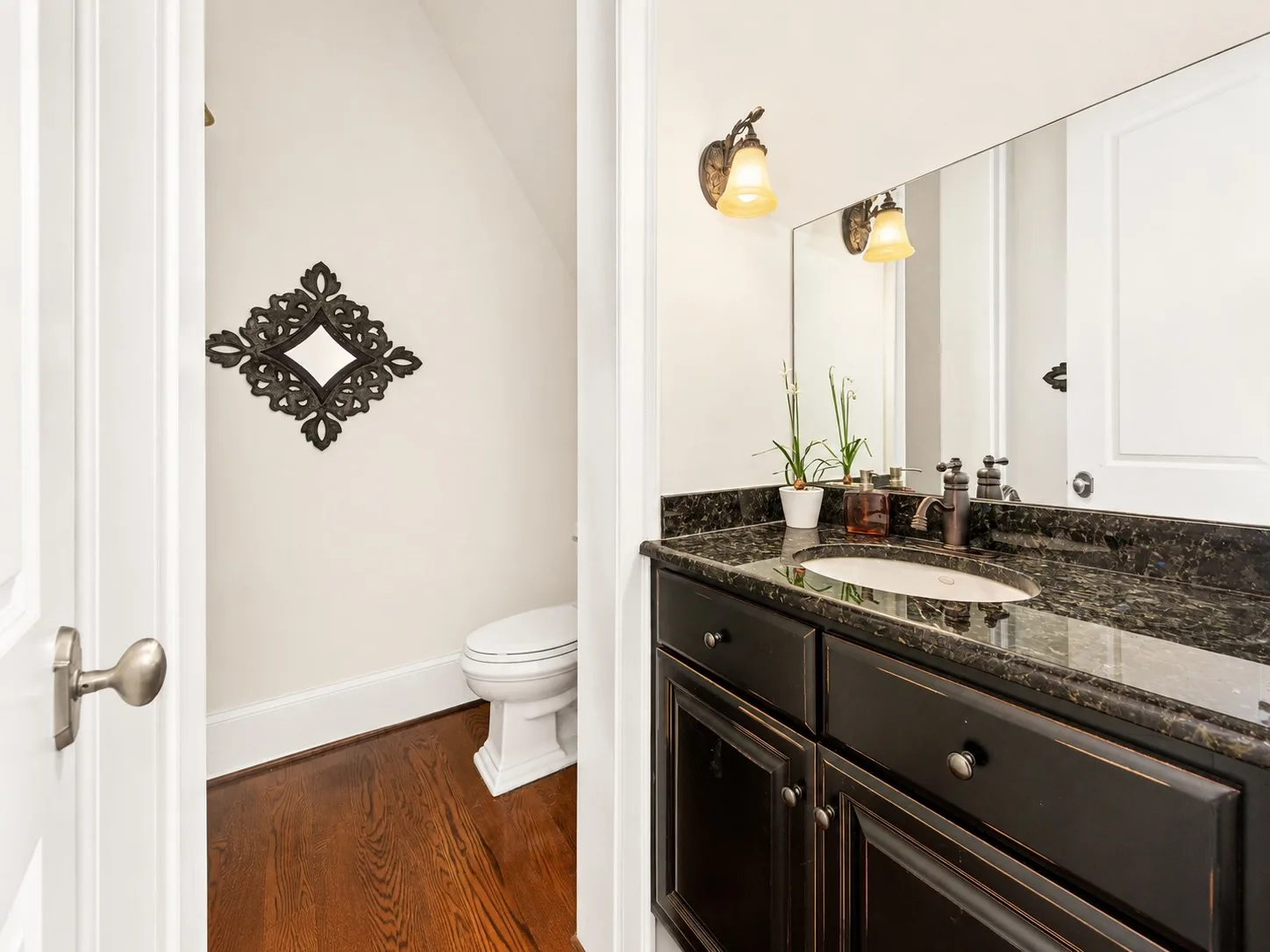 Powder room with dark wood vanity