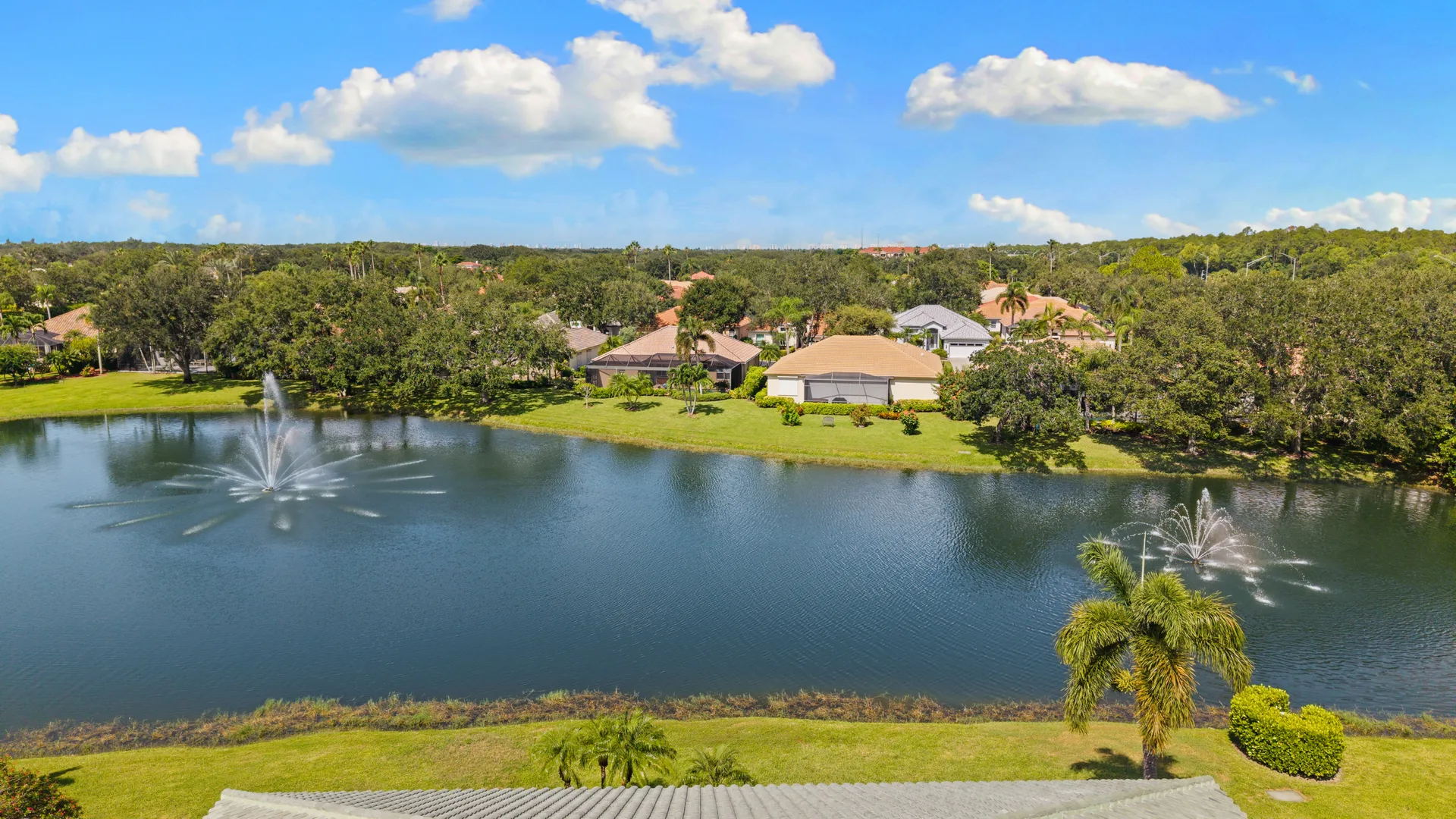 Aerial lake view of 878 Vistana Circle in the Vineyards Naples FL