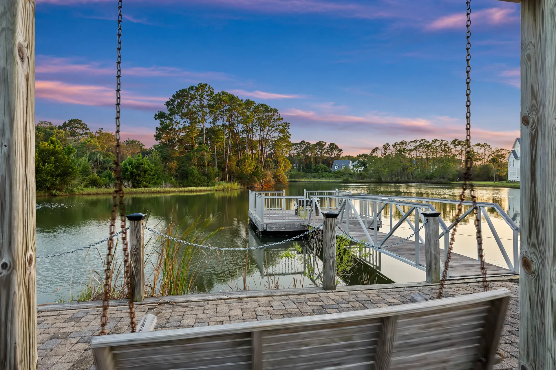 Backyard Lake View with Swing at 32 Hackney Pony Lane, Hilton Head Island SC