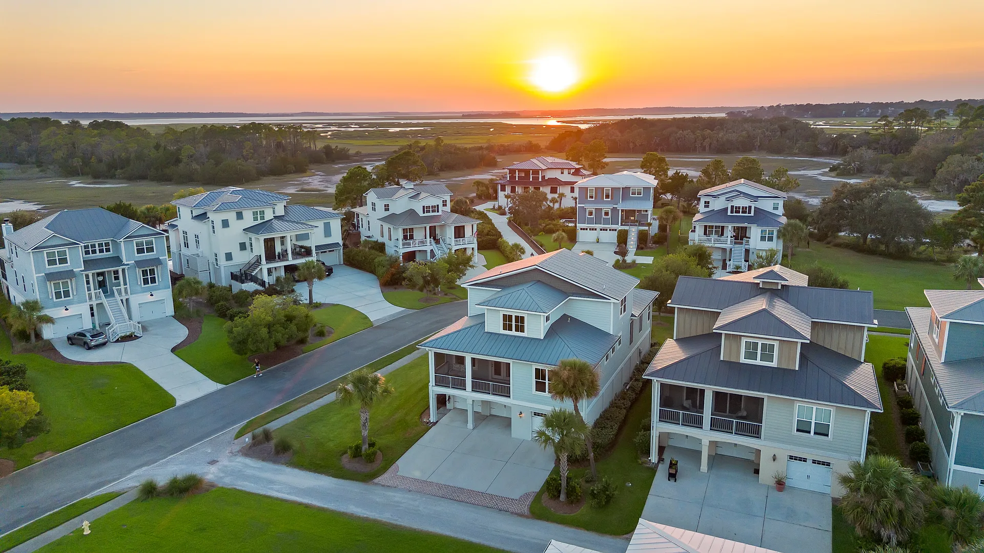Aerial view of the Hilton Head Lowcountry community at sunset near Lake Russell