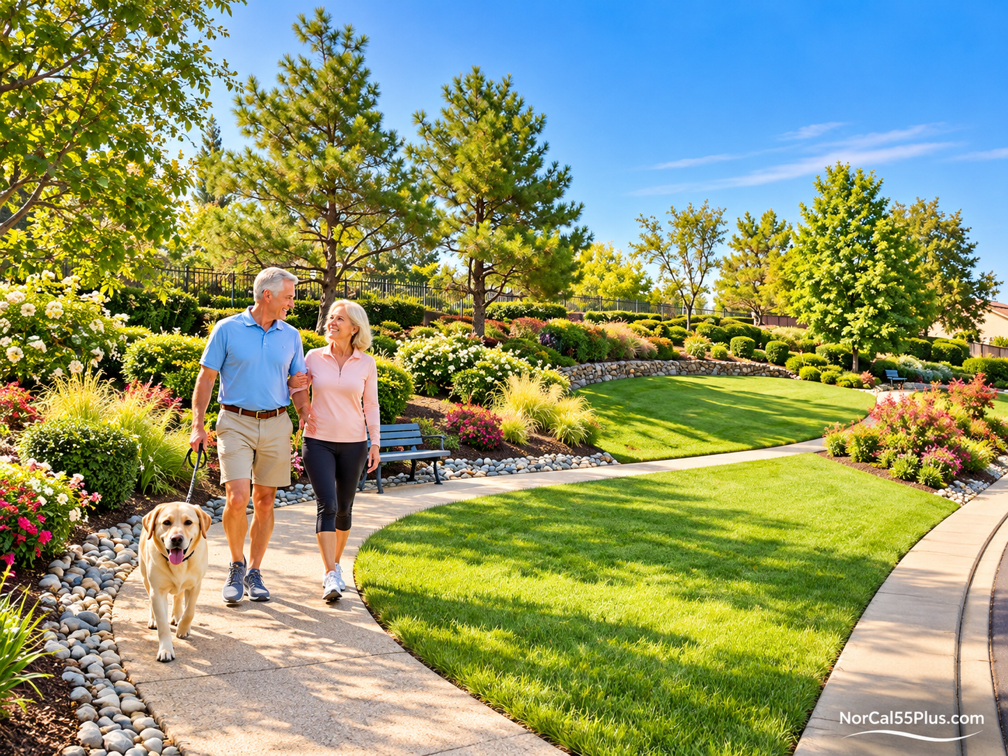 The walking trail and community park at Springfield at Whitney Oaks, the 55+ active-adult community in Rocklin, California