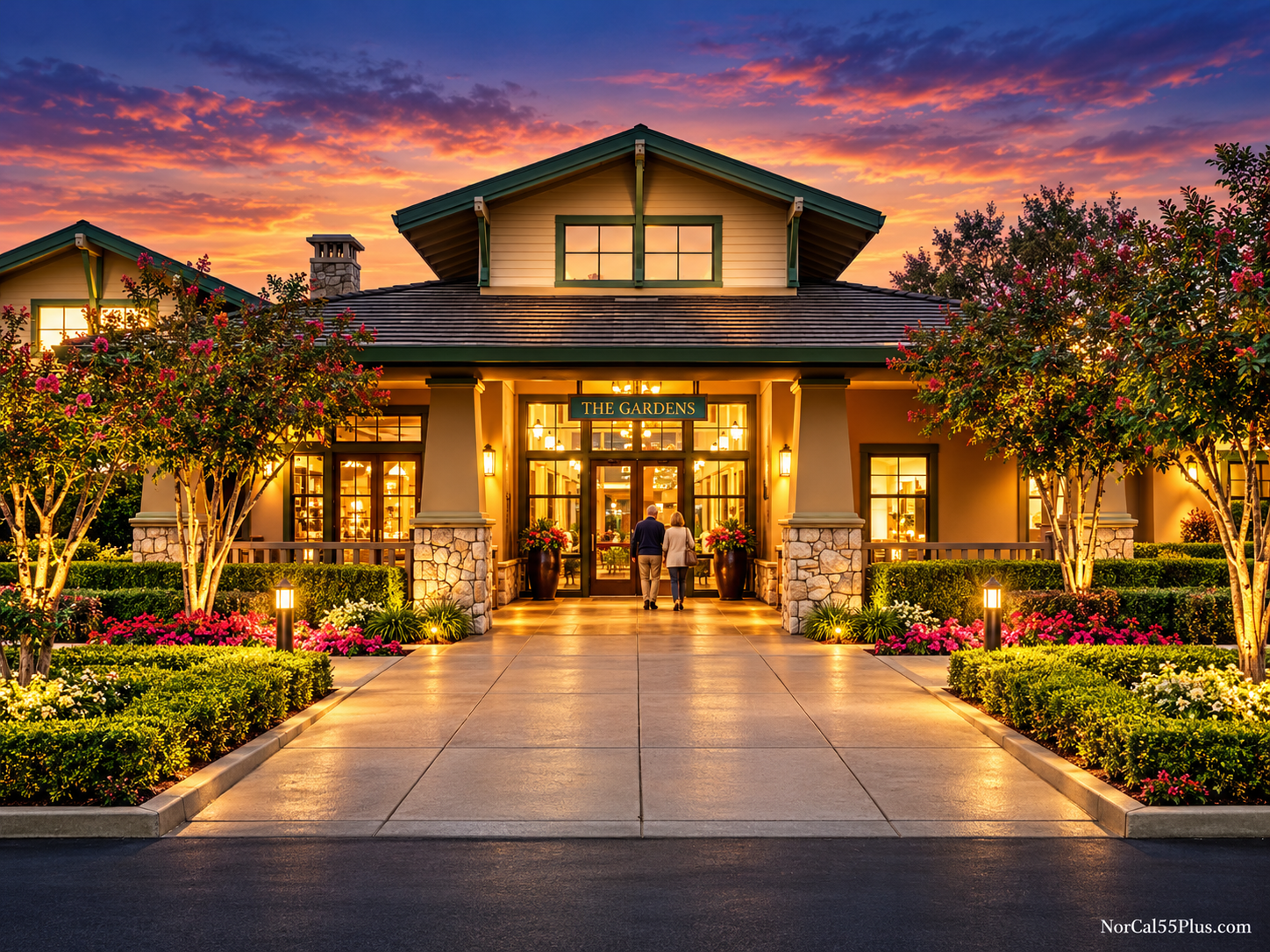 The Gables clubhouse at sunset at Springfield at Whitney Oaks, the 55+ active-adult community in Rocklin, California