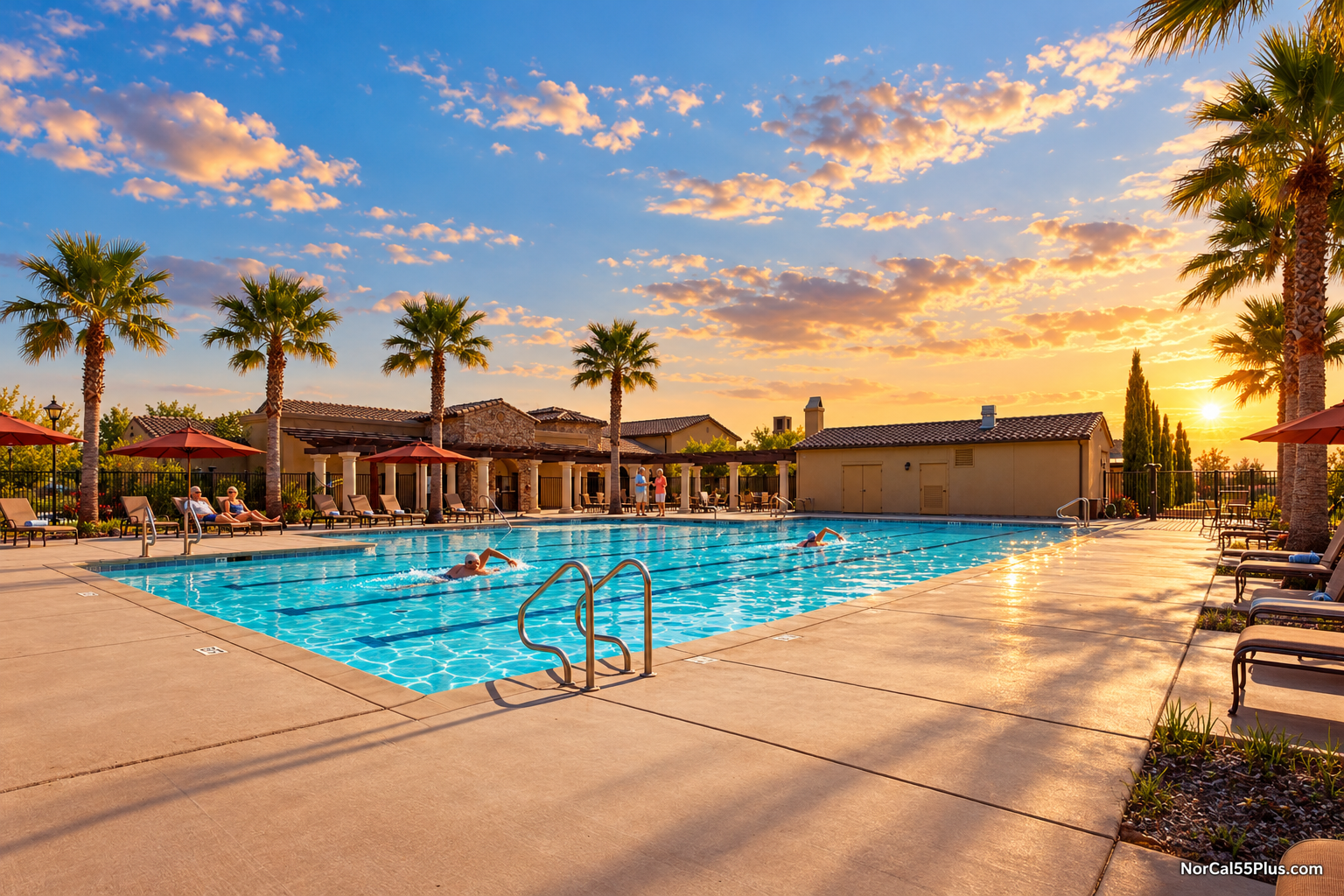 The resort-style swimming pool at Four Seasons at Westshore, the 55+ active-adult community in Sacramento, California