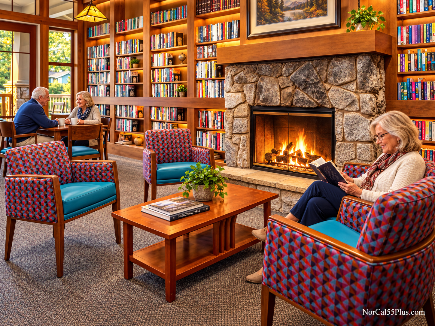 The clubhouse library and fireplace at Springfield at Whitney Oaks, the 55+ active-adult community in Rocklin, California