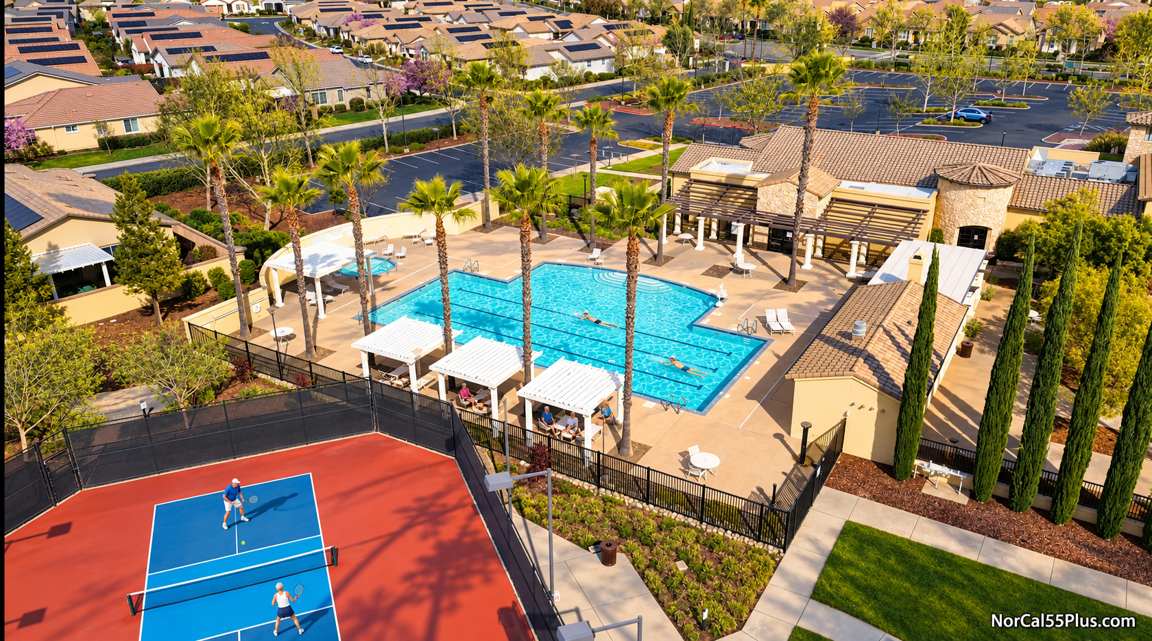 The pool and tennis recreation area at Four Seasons at Westshore, the 55+ active-adult community in Sacramento, California