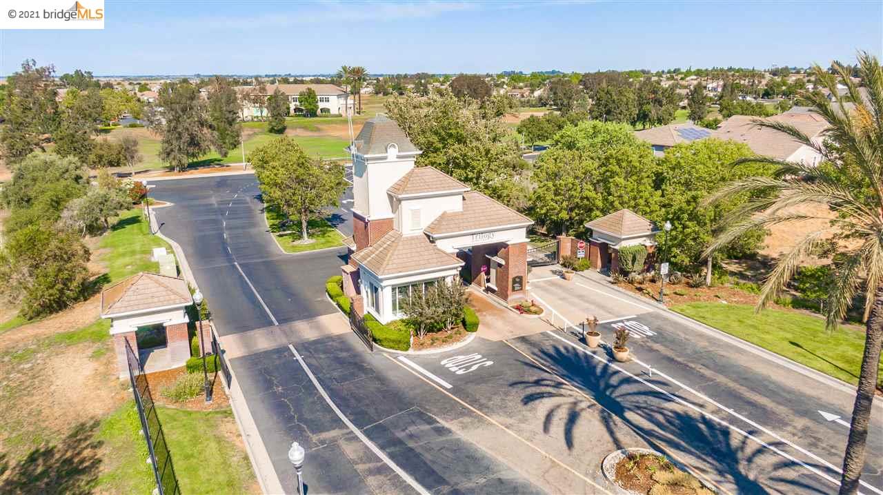 A drone view of the gated entrance at Trilogy Rio Vista, the 55+ active-adult community in Rio Vista, California