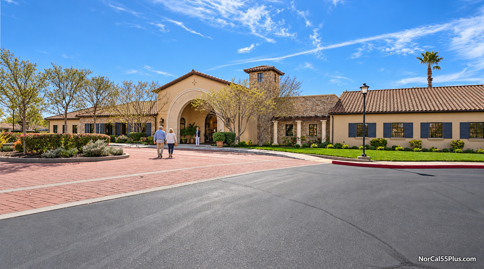 The welcoming clubhouse entrance at Four Seasons at Westshore, the 55+ active-adult community in Sacramento, California